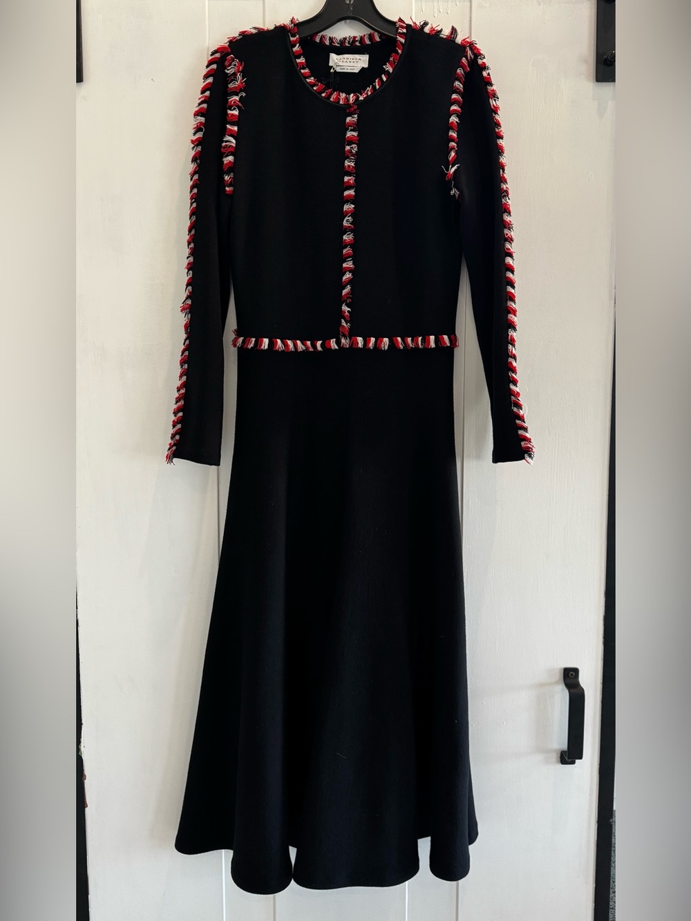 Gabriela Hearst Black Knit Dress with Red, Black & White Fringe Trim